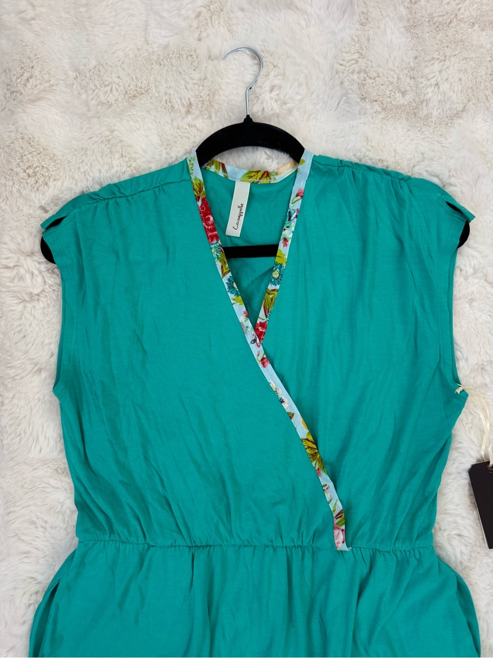 Loveappella Teal Wrap Style Dress with Multicolor Floral Trim - Picture 2 of 6